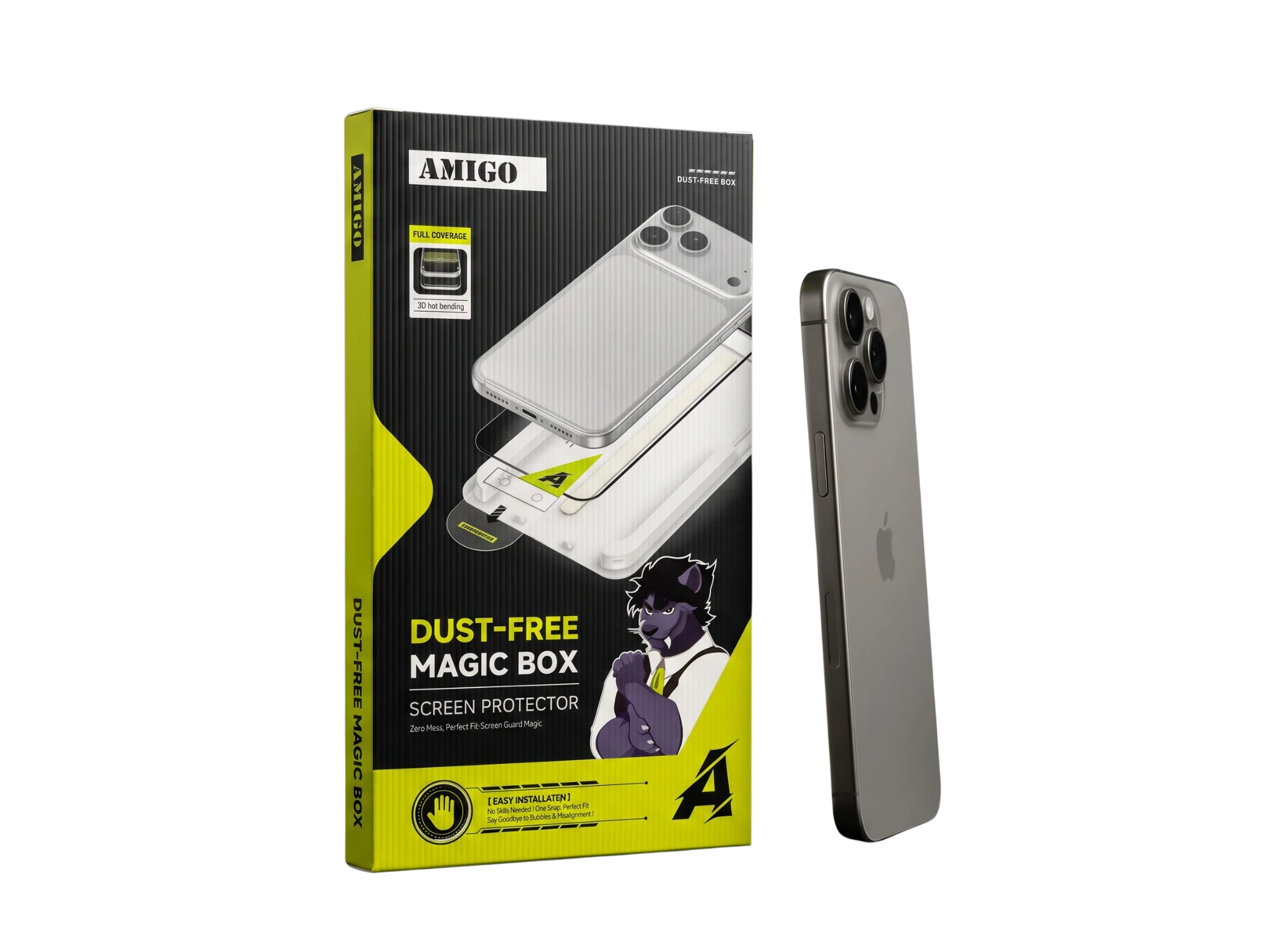 علبة Amigo Dust-Free Magic Box بجانب آيفون